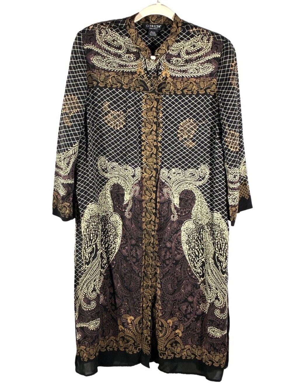 Citron Santa Monica Black Gold Silk Blend beaded peacock dress or long tunic art